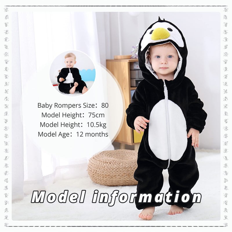 MICHLEY Unisex Baby Hooded Romper Winter Flannel Jumpsuit 30-36months, Cartoon Cosplay Costume, Penguin - Image 5